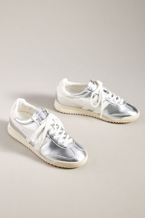 Silver Trainers, Tie Styling, Silver Sneakers, Almond Shape, Cute Sneakers, Everyday Shoes, Tie Styles, Silver Shoes, Sneakers Outfit