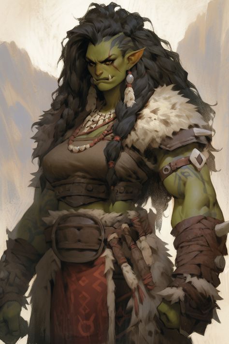 Orc Barbarian Woman, Orc Woman Character Design, Dnd Half Orc Woman, Half Orc Barbarian Female Dnd, Dnd Orc Female, Orc Woman Art, Female Orc Character Design, Female Half Orc Barbarian, D&d Barbarian