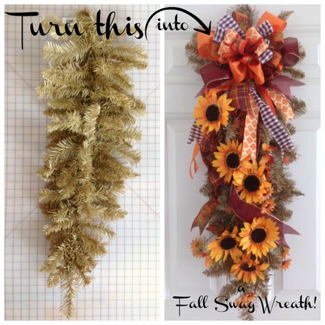 How to Create a Fall Swag Wreath 3:38 AM Gail @Purple Hues and Me 3 commentsHow to Create a Fall Swag Wreath Burlap Swag, Stick Centerpieces, Diy Swag, Fall Swags, Dollar Tree Fall, Swag Wreath, Fall Door Decorations, Fall Thanksgiving Decor, Diy Fall Wreath