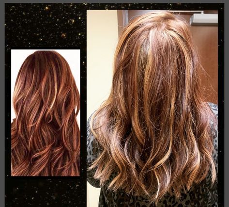 Left pic: inspiration Right pic: results ♥️ Russet Color, Golden Blonde Highlights, Brown Shade, Golden Blonde, Brown Shades, Red Hair Color, Reddish Brown, Blonde Highlights, Red Hair