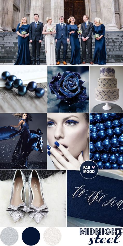 Steel , Grey and Midnight Blue Wedding Colour Palette | http://fabmood.com/midnight-blue-steel-wedding-inspiration/ Blue Wedding Colour Theme, Silver Winter Wedding, Midnight Blue Wedding, Blue Winter Wedding, Baju Kahwin, Winter Wedding Colors, Navy Colour, Wedding Colors Blue, Winter Wonderland Wedding