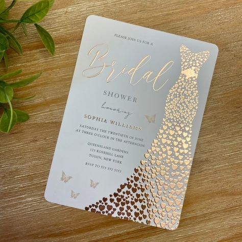 bridal shower invitations.Rose Gold Foil Heart Dress Butterfly Bridal Shower Foil Invitation Foil Dress, Wedding Announcement Cards, Butterfly Invitations, Dress Butterfly, Rose Gold Invitations, Gold Bridal Showers, Foil Wedding Invitations, Floral Bridal Shower Invitations, Foil Invitations