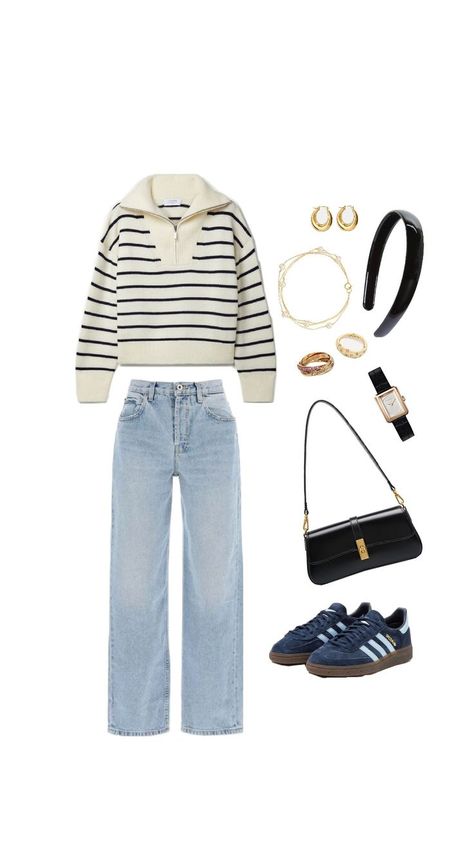 fall winter outfit inspo inspiration clothes striped sweater gold accessories adidas sambas blue outfit winteroutfit inspo Blue Striped Sweater Outfit, Blue Sambas, Sambas Outfit, Singapore Outfit, Striped Sweater Outfit, Samba Outfit, Adidas Sambas, Blue Outfit, Gold Accessories