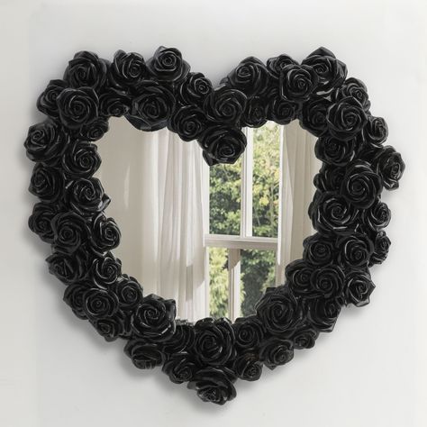 Heart Shape Mirror, Black Resin, Home Decor Mirror, Detailed Sculpture, Collectible Art, Elegant Decor, Gothic Mirror, Decorative Mirror, Fantasy Decor, Artistic Mirror HEART SHAPE MIRROR: This detailed black resin mirror features a heart shape wreath… Gothic Room Decor Diy Wall Art, Goth Aesthetic Room Decor, Gothic Interior Design Bedroom, Gothic Princess Bedroom, Girly Goth Decor, Black Rose Decor, Black And Silver Home Decor, Romantic Goth Room Decor, Dark Fantasy Decor