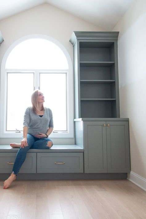 I am so happy we added custom built ins to our girls nursery. I am sharing how I came up with the design and how we installed them. Head to the blog to see the entire process on how we installed these nursery built ins. | Nursery Build-ins | Built In Bookshelves | Built In Install Sage Green Nursery, Green Bookshelves, Window Seat Ideas, Nursery Closet Organization, Simple Nursery, Office Built Ins, Diy Playbook, Green Nursery, Warm Colour Palette