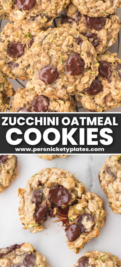 These Zucchini Oatmeal Cookies are soft, chewy, and full of chocolate chips! If you like zucchini bread, you're going to love when grated zucchini is hidden in your cookies. Zucchini Choc Chip Cookies, Best Zucchini Cookies, Zucchini Banana Cookies, Peanut Butter Zucchini Cookies, Shredded Zucchini Recipes Desserts, Zucchini Oatmeal Bread, Oatmeal Zucchini, Shredded Zucchini Recipes, Zucchini Oatmeal Cookies