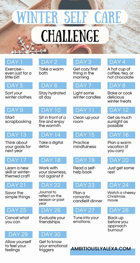 winter self care challenge Winter Self Care, Hygge Tips, December Challenge, Self Care Challenge, Winter Wellness, Winter Treats, Self Care Bullet Journal, Journal Writing Prompts, Cozy Holiday