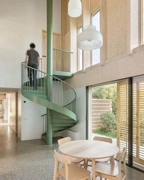 Double Height Living Room, Girona Spain, Sustainable Construction, Stairs In Living Room, Spiral Stairs, Casa Container, Double Height, Spiral Staircase, Staircase Design