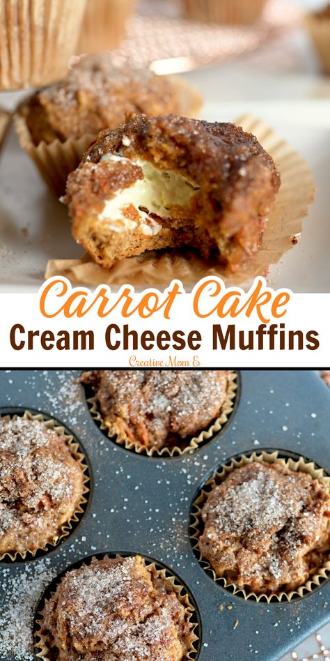 Looking for a delicious breakfast to sneak in some veggies as well? Carrot Cake Cream Cheese Muffins are so easy and sure to be a great healthier breakfast. #Breakfast #CarrotCakeMuffins #Healthy #CreamCheese #CreativeMomE Carrot Cream Cheese Muffins, Cottage Cheese Carrot Cake Muffins, Muffin Recipes Carrot, Carrot Muffin With Cream Cheese Filling, Carrot Cinnamon Muffins, Carrot Cake Muffin Recipe, Carrot Muffin Recipe, Carrot Cream, Summer Sweets