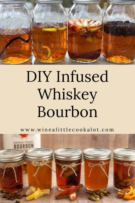 DIY infused whiskey bourbon makes an easy homemade gift. Try flavors like coffee whiskey, apple cinnamon, or orange pecan whiskey. #whiskey #bourbon #homemadegift Diy Bourbon Tasting, Infused Bourbon Gifts, How To Infuse Whiskey, Infused Liquors Recipes, Apple Infused Bourbon, Diy Infused Liquor, Apple Pie Infused Bourbon, Fruit Infused Whiskey, Banana Infused Bourbon