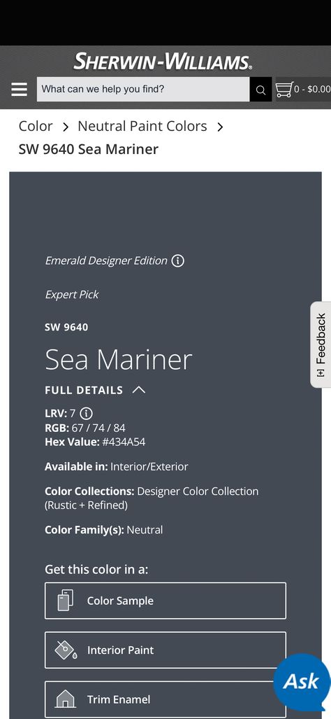 SW 9640 Sea Mariner paint color by Sherwin-Williams is a Neutral paint color used for interior and exterior paint projects. Visualize, coordinate, and order col… Sw Sea Mariner, Sherwin Williams Sea Mariner, Sea Mariner Sherwin Williams, Neutral Paint Color, Neutral Paint Colors, Sherwin Williams Paint Colors, Neutral Paint, Paint Projects, Color Samples