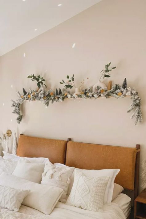 Over Bed Garland, Garland Over Bed, Greenery Above Bed, Floating Shelves Bedroom Above Bed, Garland Above Bed, Bedroom Decor Above Bed, Above Bed Ideas, Festive Garland, Floating Shelves Bedroom