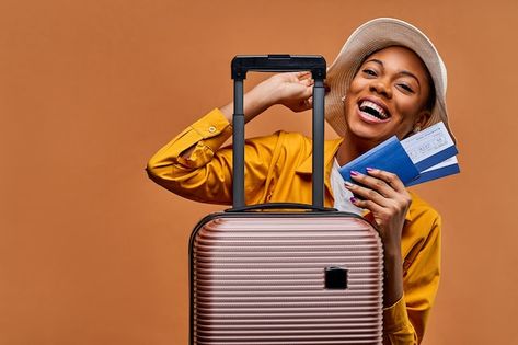 Woman in a white hat in a yellow jacket ... | Premium Photo #Freepik #photo #luggage #luggage-bag #suitcase #baggage Flyers Background, Pop Photography, Stock Photos People, Big Finger, Binder Covers Printable, Pc Design, Adobe Photoshop Design, Social Media Branding Design, Food Photoshoot