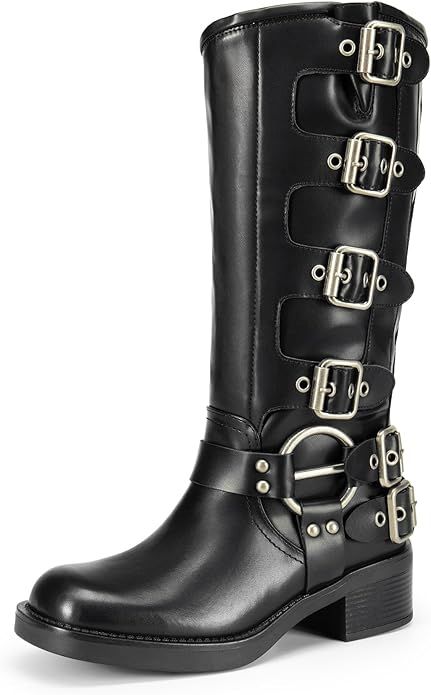 Amazon.com | DREAM PAIRS Women's Knee High Riding Boots Slip On Motorcycle Boots Square Toe Chunky Heel Fashion Buckles Biker Boots,Size 8,BLACK,SDKB2416W | Knee-High Womens Biker Boots, Edgy Girls, Knee High Riding Boots, On Motorcycle, Boots Square Toe, Fashion Design Portfolio, Frye Boots, Motorcycle Style, Biker Boots