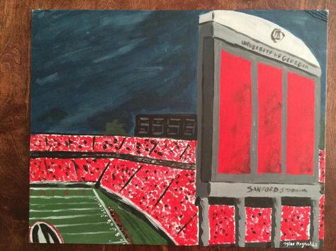 Sanford Stadium Painting, Uga Stadium, Georgia Painting Ideas, Uga Painting Canvases, Uga Painting, College Football Art, Sanford Stadium, Bulldog Decor, Formal Cooler Ideas