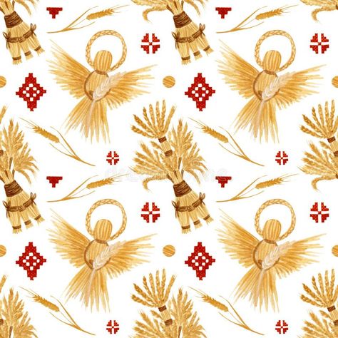 Watercolor pattern with Ukrainian traditional xmas decor, angel, didukh, ornament elements, wheat on white background. stock photo Ukrainian Christmas, Decoration Background, Xmas Decor, Photo Background, Watercolor Pattern, Xmas Decorations, Wheat, Vector Art, Stock Illustration