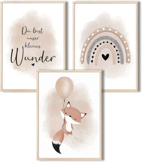 Bilder Kinderzimmer | 3er Set DIN A4 | Wandbilder | Kinderzimmer Poster | Deko Bilder Kinderzimmer Mädchen und Jungen | Babyzimmer Deko | Premium Wandposter (Luftballon & Fuchs beige) Baby Silhouette, Baby Poster, Baby Zimmer, A4 Poster, Baby Time, Twin Babies, Nursery Design, Painting Illustration, Diy Baby Stuff