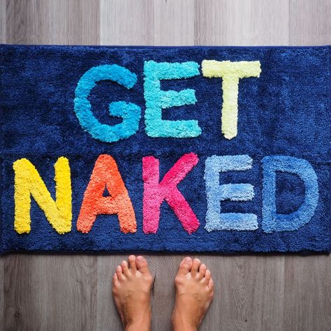 This super fun Get Naked bath mat will totally brighten up your bathroom and give all your guests a giggle! Colorful Bathroom Rugs, Fun Bath Mats, Blue Bathroom Rugs, Shower Funny, Navy Blue Bathrooms, Fun Bathroom Decor, Navy Bathroom, Cute Bath Mats