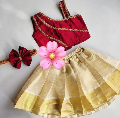 Onam Dress For Baby Girl, Kasavu Frock, Pattupavada For Kids, Onam Dress Ideas, Onam Collections, Onam Outfits Ideas, Kerala Dress, Onam Dress, Pattu Pavada