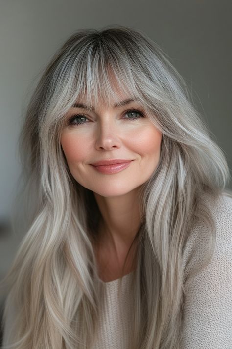 23. Long Layers with Wispy Blonde Bangs (Hairstyles For Older Women With Bangs) - Hairstyles For Older Women With Bangs Soft Long Layers, Colored Bangs, Long Bob Styles, Medium Shag Hairstyles, Grey Hair With Bangs, Timeless Hairstyles, Sleek Short Hair, Older Women's Hairstyles, Grey Blonde Hair