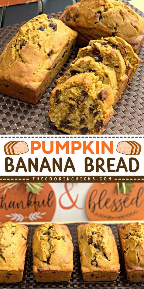 Enjoy this Pumpkin Banana Bread with your family and friends. This flavorful quick bread is an easy Fall recipe that   is match with your hot chocolate or coffee drinks.  This pumpkin food idea is perfect for breakfast, as a snack or evening sweet treat! Pumpkin Food, The Cookin Chicks, Recipes With Yeast, Pumpkin Banana Bread, Chicke Recipes, Delicious Chicken Dinners, Savory Pumpkin Recipes, Pumpkin Banana, Egg Recipes For Breakfast