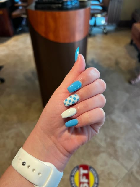 Light Blue Checkered Nails, Blue And White Checkered Nails, Checkered Nails Blue, Square Checkered Nails, Checker Nail Designs, Checkered Flag Nails, Blue Checkered Nails, Checker Nails, Square Nails Design