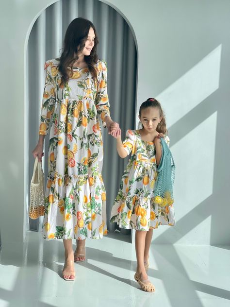 Mom and Mini Matching Citrus Drop Dress Mom And Daughter Dresses Western, Long Dress Western, Latest Dress Designs, Mommy Daughter Dresses, Mom Daughter Matching Dresses, Cotton Frock, Outfit Modest, Mom Daughter Outfits, Dress Western