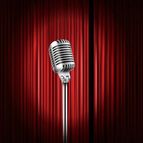 Stage curtains with shining microphone ... | Premium Vector #Freepik #vector #light #cinema #circus #elegant Microphone Illustration, Microphone Vector, Hollywood Gala, Stand Mic, Microphone Icon, Concert Lights, Standup Comedy, Stage Curtains, African Drum