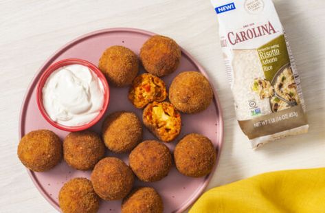 Using sticky Carolina® Jasmine Rice and a few simple seasonings, you can make these snack-sized Crispy Rice Balls. Air Fryer Rice Balls, Air Fryer Arancini, Air Fryer Rice, Mahatma Rice, Spanish Rice, Red Rice, Seasoned Rice, Rice Balls, Jasmine Rice