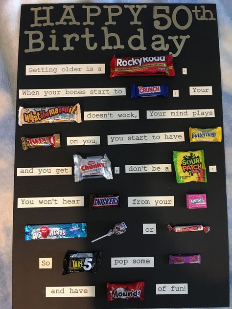 Homemade 50th Birthday Gifts, 50th Birthday Candy Bar Ideas, 50 Year Birthday Party Ideas For Men, Men’s 50th Birthday Gift Ideas, 50th Birthday Party Ideas For Men Funny, 50th Birthday Candy Poster, 50th Birthday Ideas Men, Ideas For 50th Birthday Party For A Man, 50 Birthday Decorations For Men