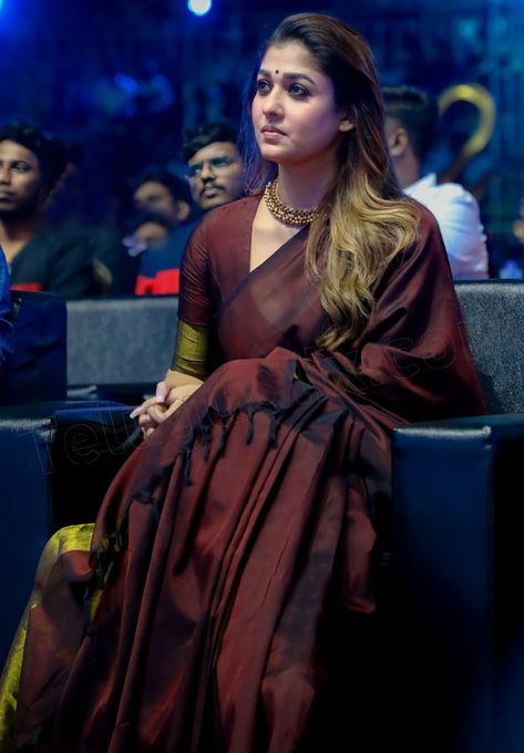 Nayantara Saree, Nayanthara Saree, Brown Silk Saree, Tamil Comics, Ladylike Dress, Lehenga Saree Design, Sari Blouse Designs, Silk Saree Blouse Designs, Elegant Blouse Designs