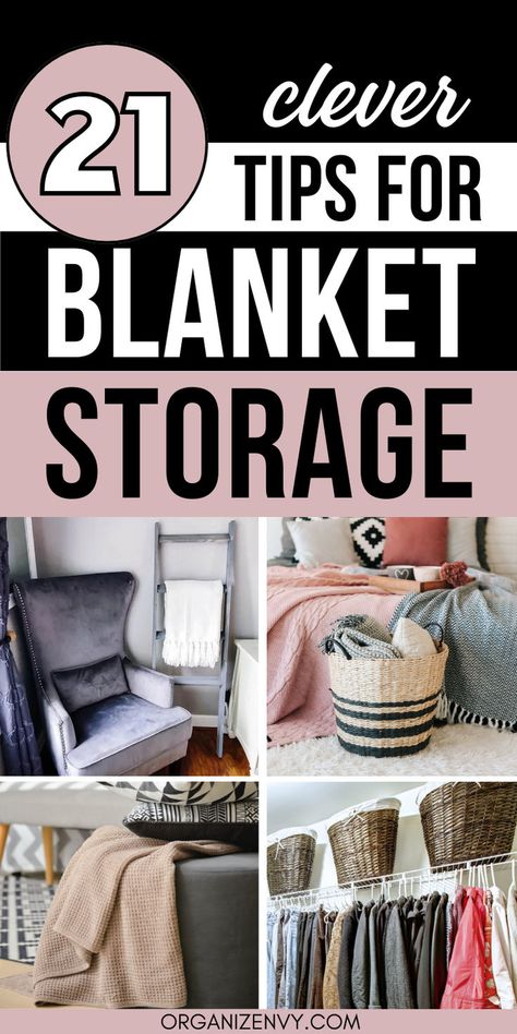 Collage of photos showing a blanket ladder, blankets in baskets and a blanket in a storage ottoman Blanket Storage Bedroom, Closet Blanket Storage, Blanket Basket Ideas, Blanket Storage Diy, Living Room Blanket Storage, Blanket Ladder Ideas, Blanket Storage Living Room, Blanket Storage Ideas, Seasonal Storage