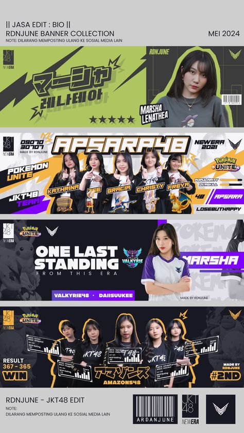 BANNER JKT48 TIKTOK: RDNJUNE Esport Graphic Design, Exhibition Banner Design, Exhibition Banners, Linkedin Cover Photo, Channel Banner, Gradient Color Design, Banner Design Layout, Gfx Design, Shirt Logo Design