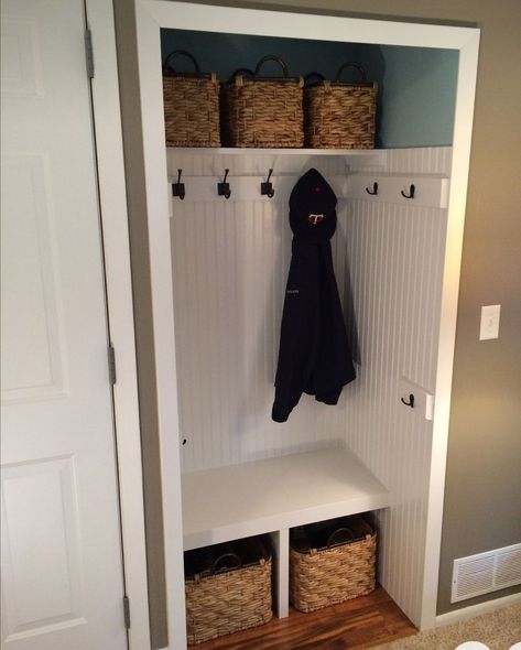 Closed Entrance Ideas, Cost Closet Mudroom, Mudroom Out Of Closet, Small Mudroom Makeover, Front Entry Closet Designs, Closet To Cubbies, Small Mudroom Cupboard, Small Entry Closet Mudroom, Small Closet Cubby Ideas