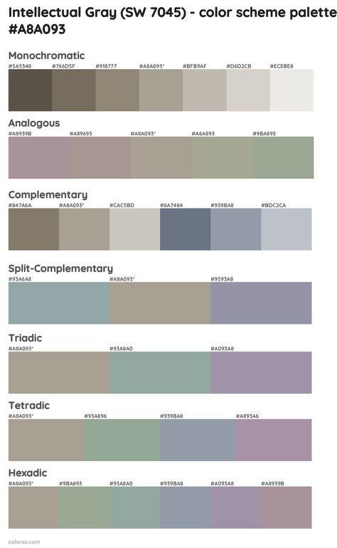 Sherwin Williams Intellectual Gray (SW 7045) Paint coordinating colors and palettes Intellectual Gray Coordinating Colors, Intellectual Gray Sherwin Williams, Sherwin Williams Intellectual Gray, Gray Sherwin Williams, Draw A Hexagon, Pantone Color Guide, Intellectual Gray, Color Generator, Analogous Color Scheme