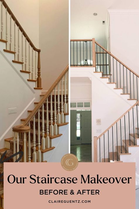 Modern Staircase Railing Unique, Modern Staircase Lighting, Modern Farmhouse Staircase, Modern Staircase Railing, Stair Railing Makeover, Home Decor Stairs, Diy Stair Railing, Stairs Makeover Ideas, Transitional Staircase