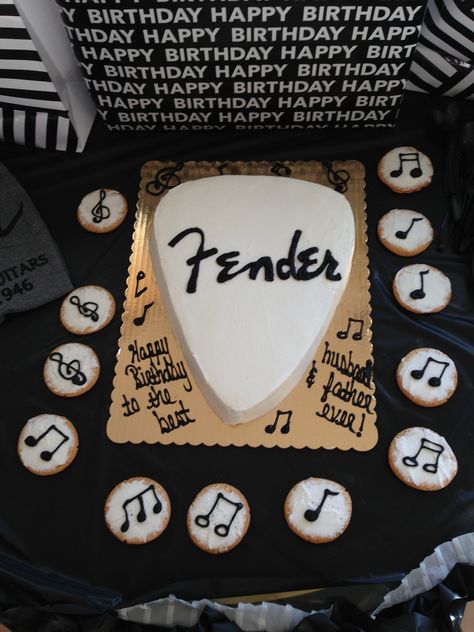 Guitar pick cake fender black n white and music note cookies Guitar Pick Cake, Music Note Cookies, Note Cookies, Music Cupcakes, Rock And Roll Birthday Party, Guitar Birthday, Music Themed Cakes, Rock And Roll Birthday, Music Cakes