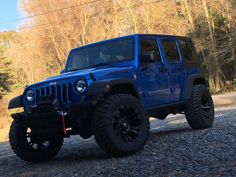 Jeep Wrangler Blue Interior, Light Blue Jeep Aesthetic, Blue Jeep Wrangler Aesthetic, Navy Blue Jeep Wrangler, Navy Blue Jeep, Four Door Jeep, Black Jeep Blue Accents, Chief Blue Jeep Wrangler, Blue Jeep Wrangler