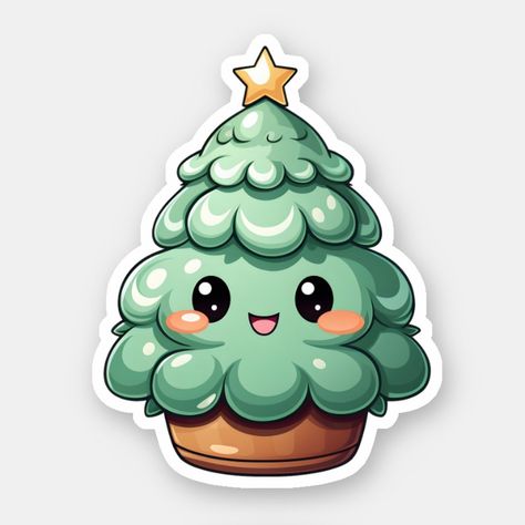 Super Cute Smiling Green Kawaii Christmas Tree