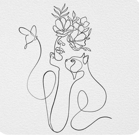 Cat Line Art Drawings, One Line Cat Drawing, Fineline Cat Tattoo, Cat Flower Tattoo, Cat Line Tattoo, Cat Outline Tattoo, One Line Tattoo, Cat Tattoo Designs, Line Art Tattoos