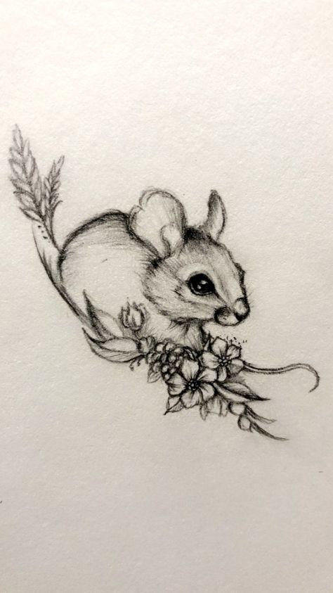 Garden Animal Tattoo, Fairy Mouse Drawing, Field Mouse Tattoo, Mouse On Flower, Mouse Tattoo Design, Mouse Tattoo, Mouse Sketch, Mouse Tattoos, White Ink Tattoo