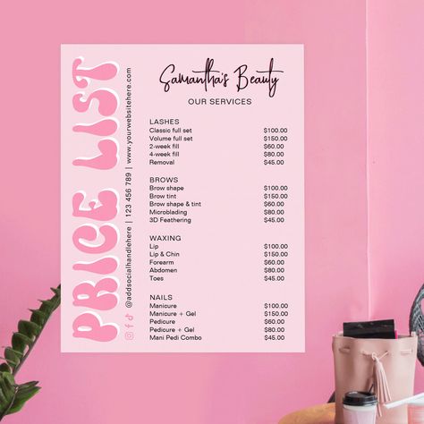 Pink Price List, Lash Bar, Salon Price List, Hair Stylist Business Cards, Feminine Brand, Hair Beauty Salon, Lash Designer, Stylist Business Cards, Hairstylist Business Cards