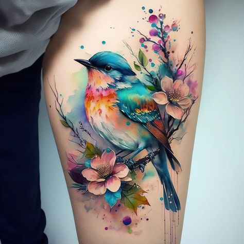 Bluebird Tattoo, Watercolor Bird Tattoo, Bird Tattoos For Women, A Tattoo Design, Watercolor Hummingbird, Tattoos For Girls, Wildflower Tattoo, Tasteful Tattoos, Tatuaje A Color