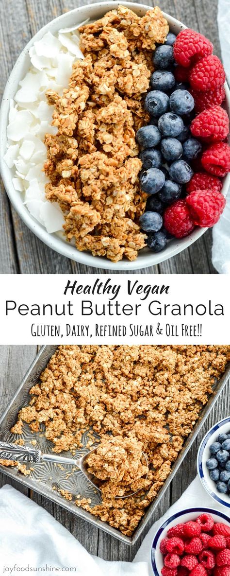 This Healthy Peanut Butter Granola is the perfect make-ahead breakfast recipe! With only 6 ingredients it's so easy to make (ready in less than 30 minutes)! Gluten-free, dairy-free, refined sugar free, oil free and vegan! #healthygranola #peanutbutter #breakfast #recipe #granola #glutenfree #vegan #dairyfree Healthy Peanut Butter Granola, Peanut Butter Granola Recipe, Weight Watcher Desserts, Peanut Butter Granola, Recipes Snacks, Vegan Peanut Butter, Healthy Peanut Butter, Diet Vegetarian, Granola Recipes