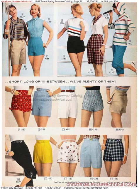 1957 Sears Spring Summer Catalog, Page 87 - Catalogs & Wishbooks 1950s Summer Fashion, 1950 Outfits, 1950s Shorts, Women Pants Outfit, Mode Rockabilly, Vintage Summer Outfits, 1950s Fashion Women, 50s Outfits, 1950’s Fashion