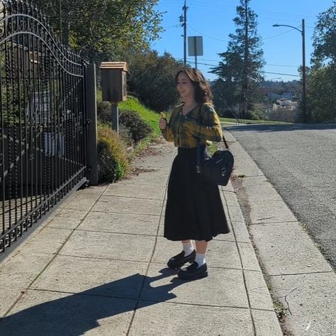 Outfit with Dazy plaid cardigan and black midi pleated skirt, Dr. Martens heart bag, and Vagabond loafers Dr Martens Heart Bag Outfit, Dr Martens Heart Bag, Heart Bag Outfit, Midi Pleated Skirt Outfit, Black Midi Skirt Outfit, Vagabond Loafers, How To Style Doc Martens, Midi Pleated Skirt, Pleated Skirt Outfit