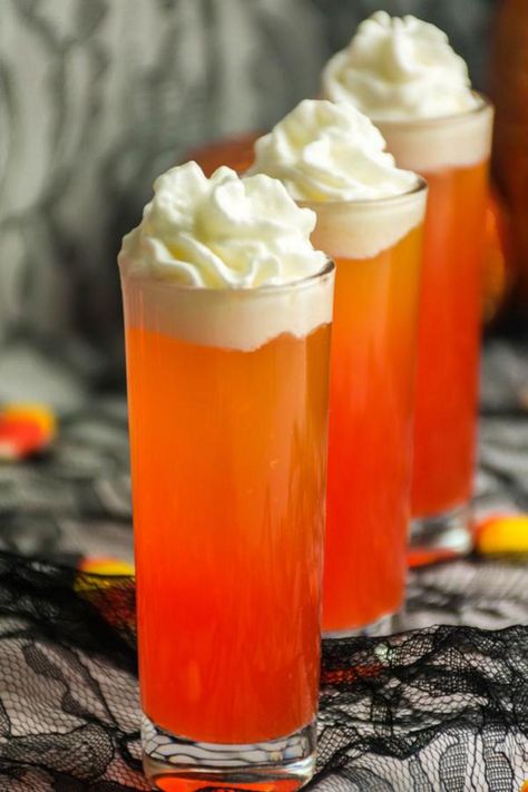 Candy Corn Vodka Shots, Candy Corn Shots Recipe, Candy Apple Shots, Candy Corn Shots Alcohol, Halloween Shots Recipes Easy, Halloween Shot Recipes Alcoholic, Autumn Shots Alcohol, Orange Shots Alcohol, Halloween Themed Shots