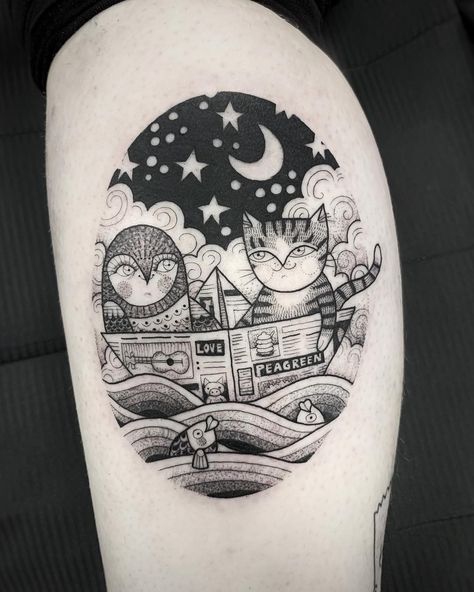 Suflanda on Instagram: “One of the best love stories out there, the owl and the pussycat- and it rhymes! 😍🦉🐱” Cat And Owl Tattoo, The Owl And The Pussycat Tattoo, Owl And The Pussycat Tattoo, Owl And Pussycat Tattoo, Hugo Tattooer, Owl And The Pussycat, Worlds Best Tattoos, Kawaii Tattoo, Spiritual Tattoos