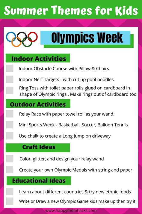 Plan a Fun Summer Camp at Home with Olympics Week and 7 other easy-to-follow Camp Themes. Make a mom camp with indoor & outdoor activities for kids, summer crafts, and educational ideas for the… Outdoor Activities For Kids Summer, Kids Summer Crafts, Day Camp Activities, Summer Camp Sports, Camping Activites For Kids, Summer Camp At Home, Camp At Home, Nanny Ideas, Camp Themes