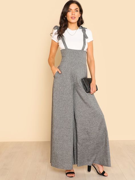 Self Tie Strap Super Wide Leg Jumpsuit -SHEIN(SHEINSIDE) Work Jumpsuit, High Waist Jumpsuit, Elegant Jumpsuit, Loose Jumpsuit, Jumpsuit Elegant, Jumpsuit Online, Work Wear Women, Sleeveless Jumpsuits, Wide Leg Jumpsuit